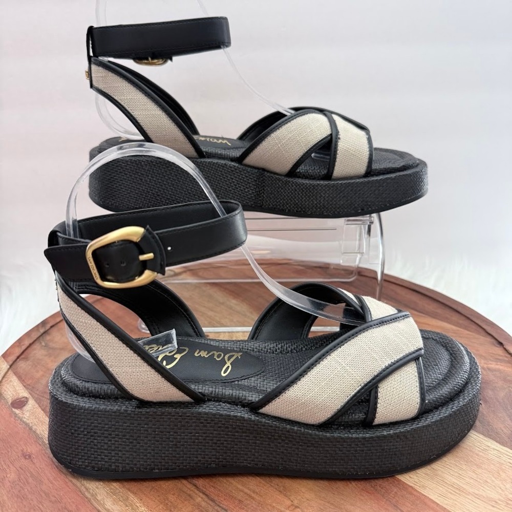 Sam Edelman Kylie Platform Sandals Womens 8M Black‎ Natural Linen Ankle Strap